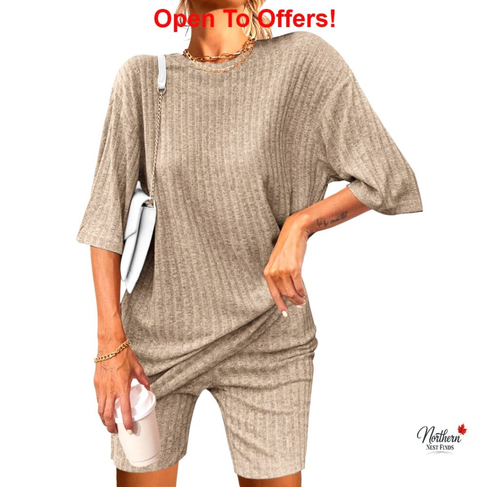 Ribbed Knit Pajama Set 2 Piece Lounge Outfit Biker Shorts Sleepwear